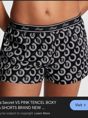 PINK Victoria's Secret Black Boxer Shorts with White Laurel Print